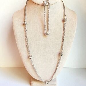Sarah Coventry station necklace bracelet set silvertone chain with rhinestones